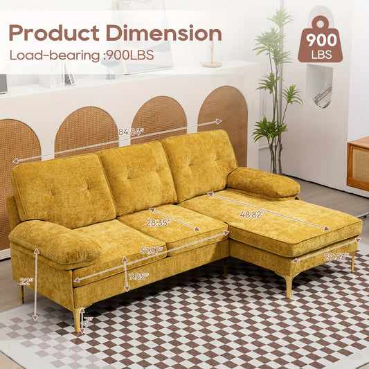 84"L Shape Sofa For Living Room, Convertible L Shape Couch 3 Seat Comfy Sofa, Modern Chenille Fabric Couches With Reversible Wide Chaise & Fluffy Armrests For Apartment, Small Space