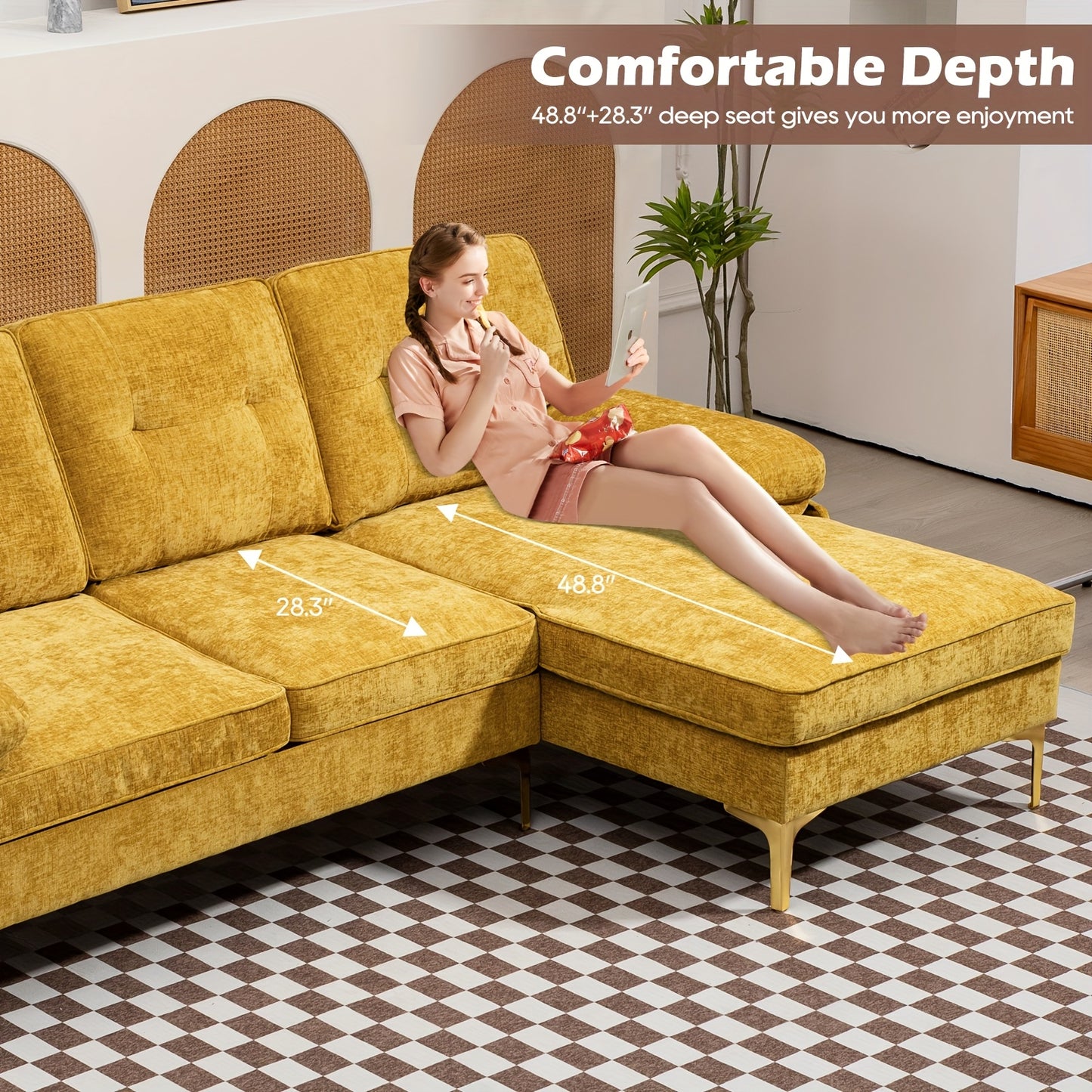 84"L Shape Sofa For Living Room, Convertible L Shape Couch 3 Seat Comfy Sofa, Modern Chenille Fabric Couches With Reversible Wide Chaise & Fluffy Armrests For Apartment, Small Space