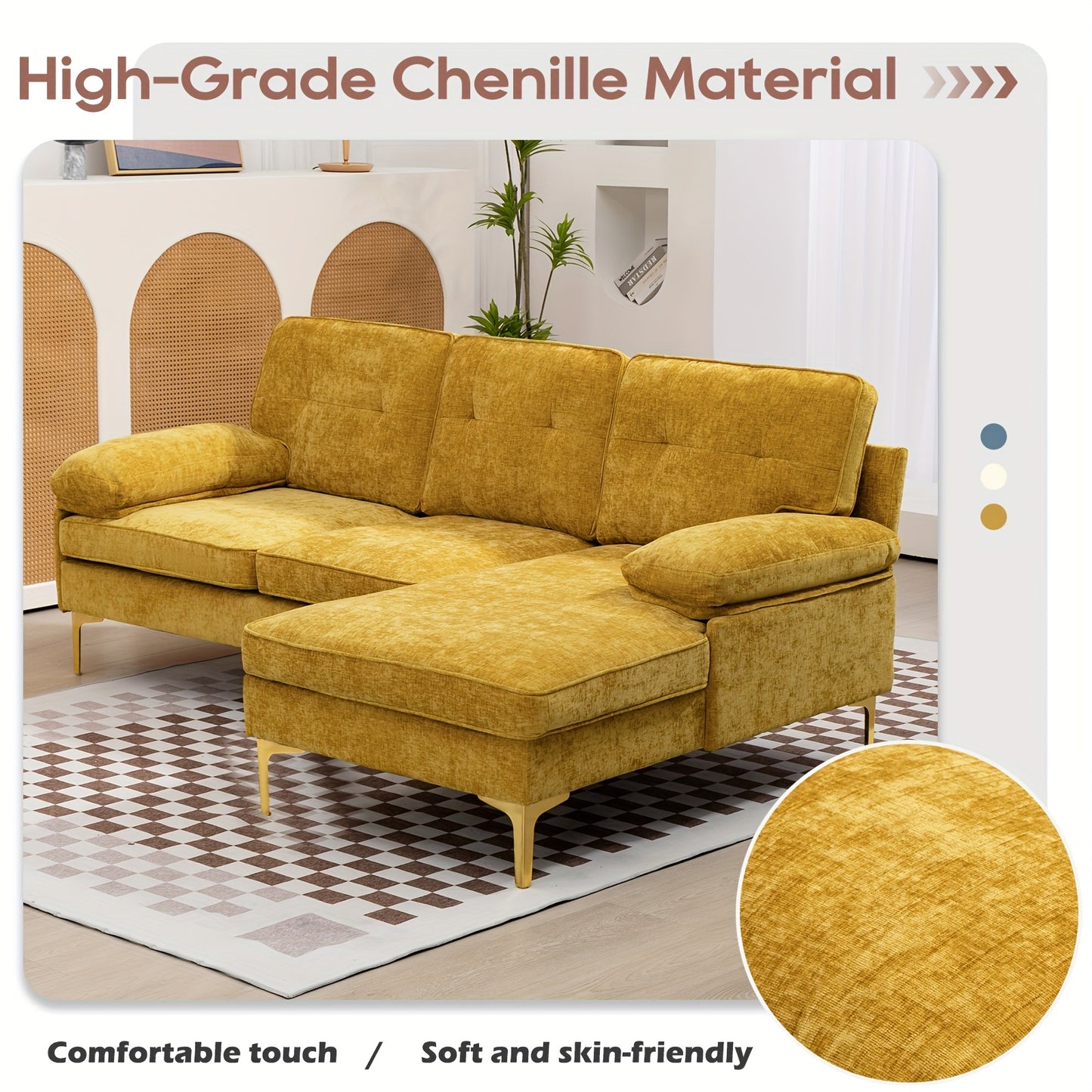 84"L Shape Sofa For Living Room, Convertible L Shape Couch 3 Seat Comfy Sofa, Modern Chenille Fabric Couches With Reversible Wide Chaise & Fluffy Armrests For Apartment, Small Space