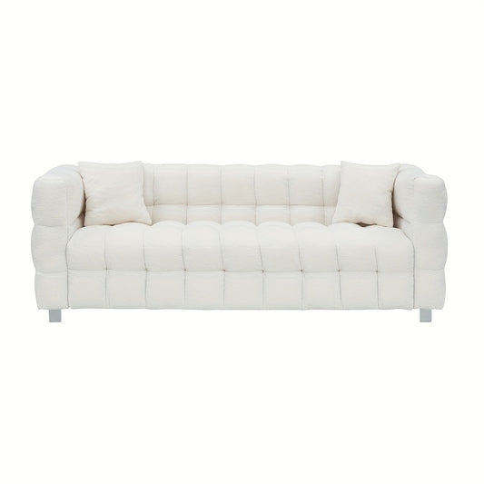 Modern White Plush Teddy Sofa - 80 Inches, Minimalist Design with Two Throw Pillows & Heavy-Duty Hardware Support, Perfect for Living Room or Bedroom, Available in 5 Colors, Comfy Couch