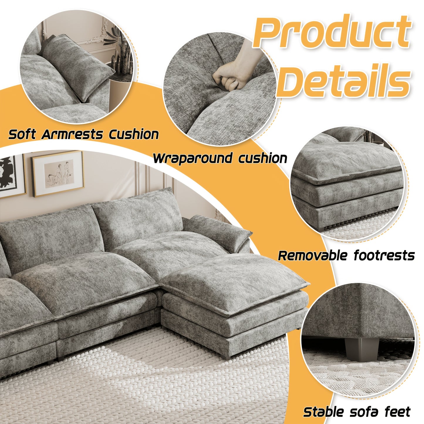 Reversible Toffee 3-seat L-shaped Sectional Sofa with Movable Footrest from Local Warehouse