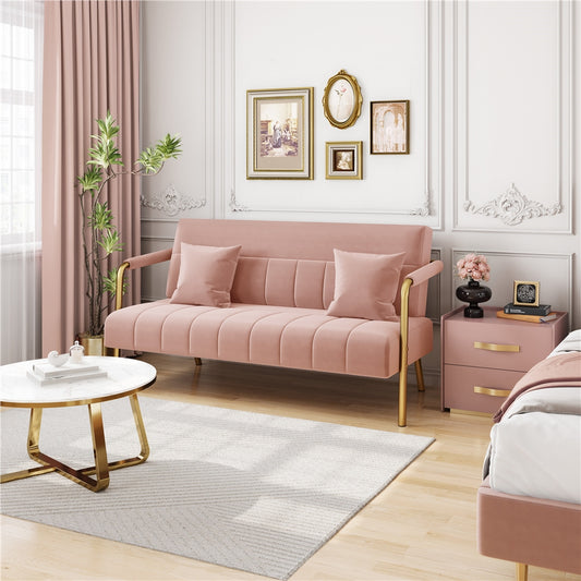 Costoffs Velvet Fabric Sofa Couch, 56.5″ W Modern Loveseat Couch with Gold-tone Metal Arms, Legs & 2 Pillows, Sofa for Living Room, Bedroom Furniture, Pink\u002FGreen\u002FGray